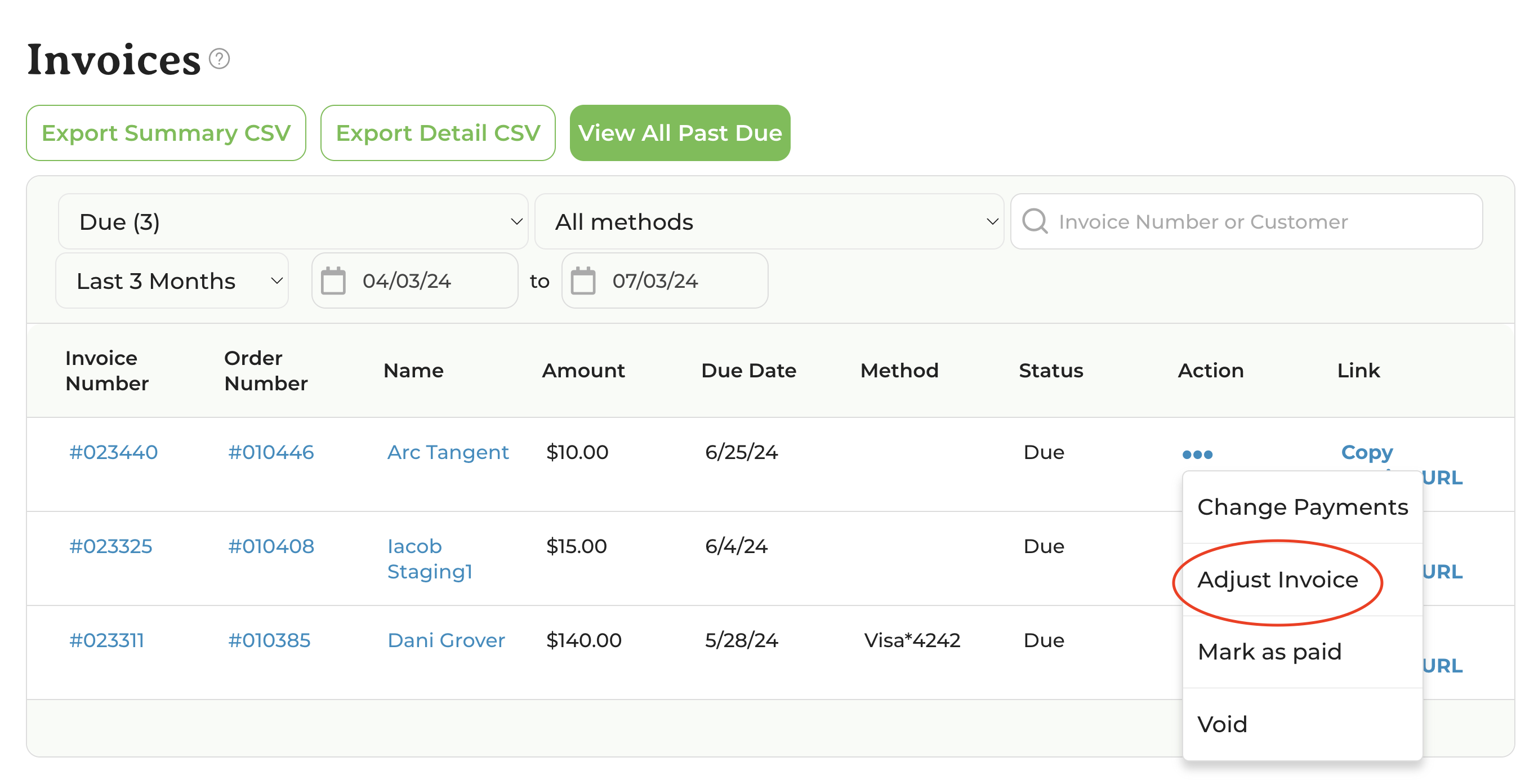 Actions column with the Adjust invoice option highlighted