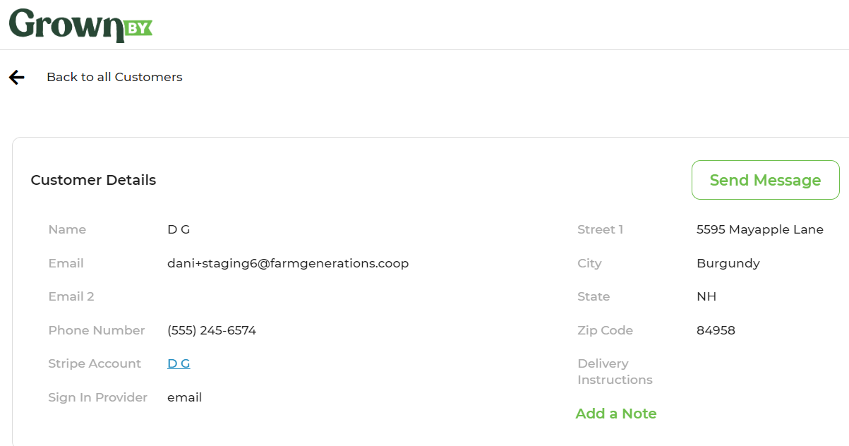 Customer page with the Send Message button
