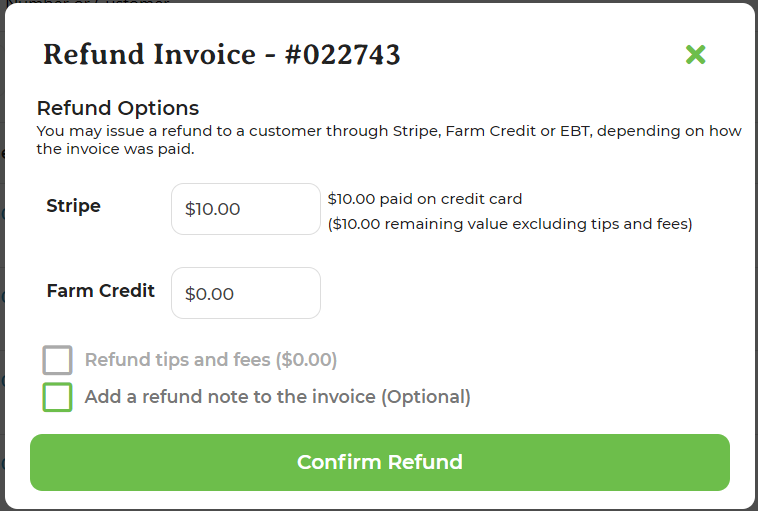Refund pop-up showing options to refund to Stripe, Farm Credit, or EBT