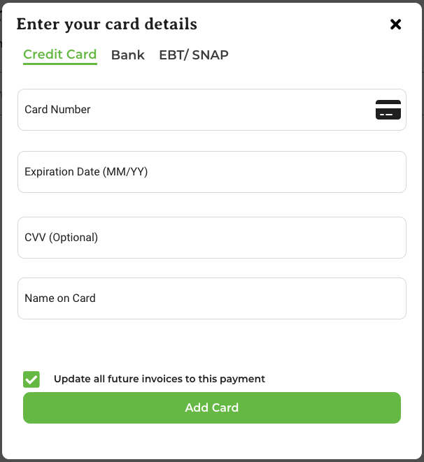 Add payment method pop-up with tabs for Credit Card, Bank, and EBT/SNAP