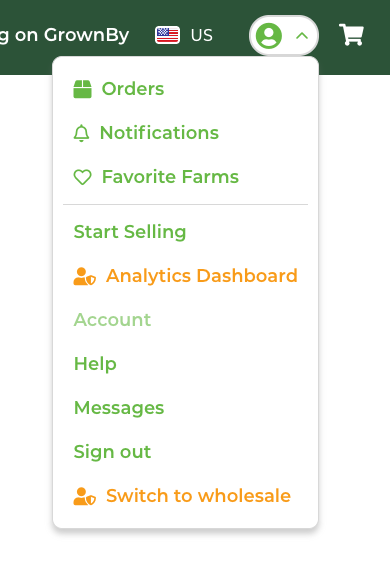 Account dropdown menu in the GrownBy top navigation bar