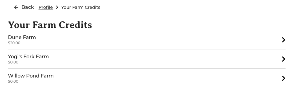 Farm Credits page listing each farm and the credit balance available