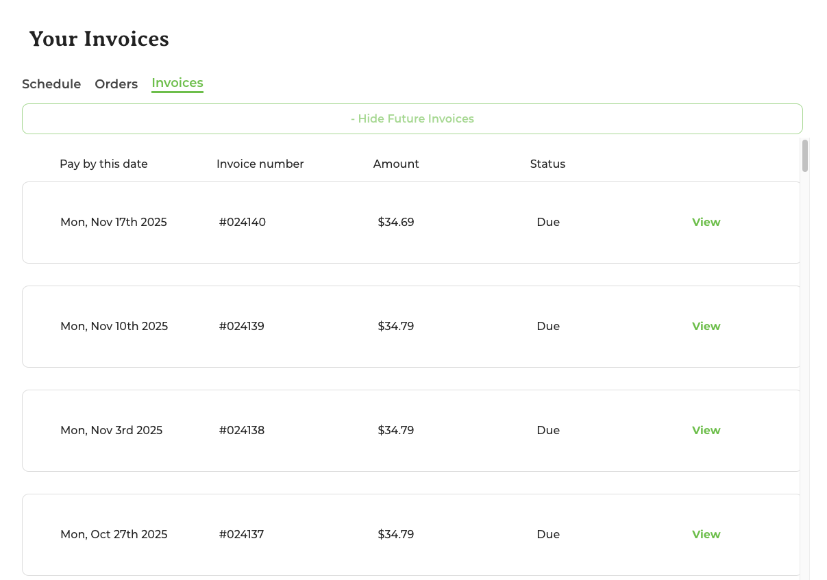 Invoices tab with the Show Future Invoices toggle enabled