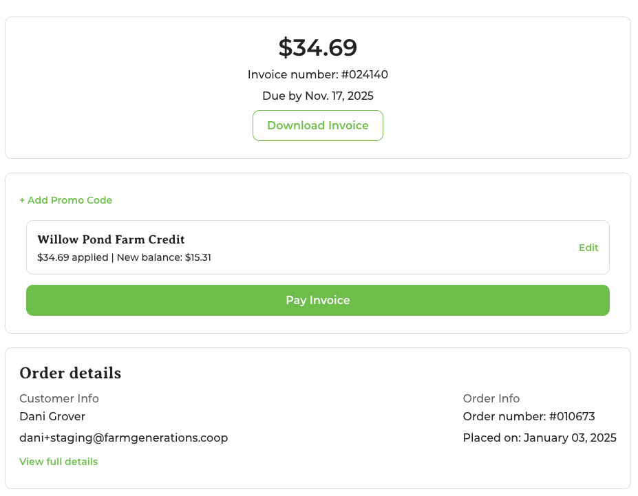 Invoice page showing Farm Credit automatically applied against the amount due