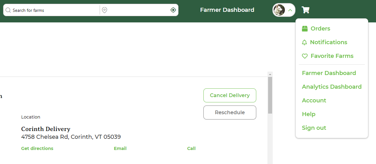 Account dropdown menu in the top right of GrownBy with Orders highlighted