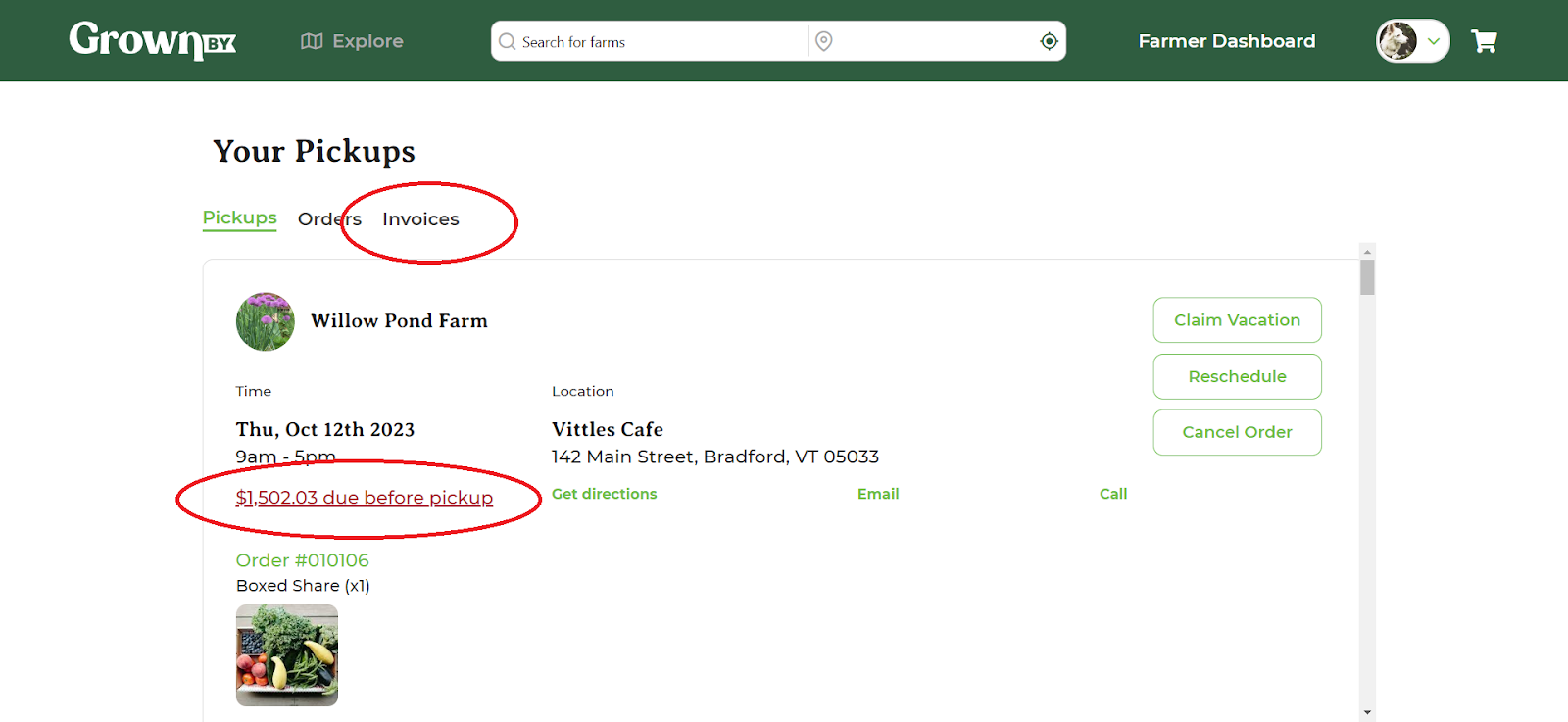 Orders page showing pickups and an amount due that links to the Invoices tab