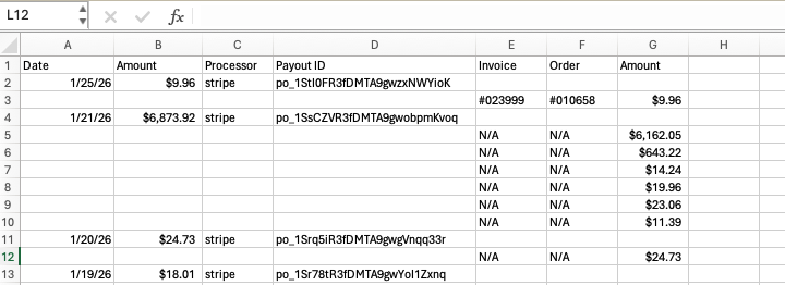 Detail Export showing invoices paid under each payout