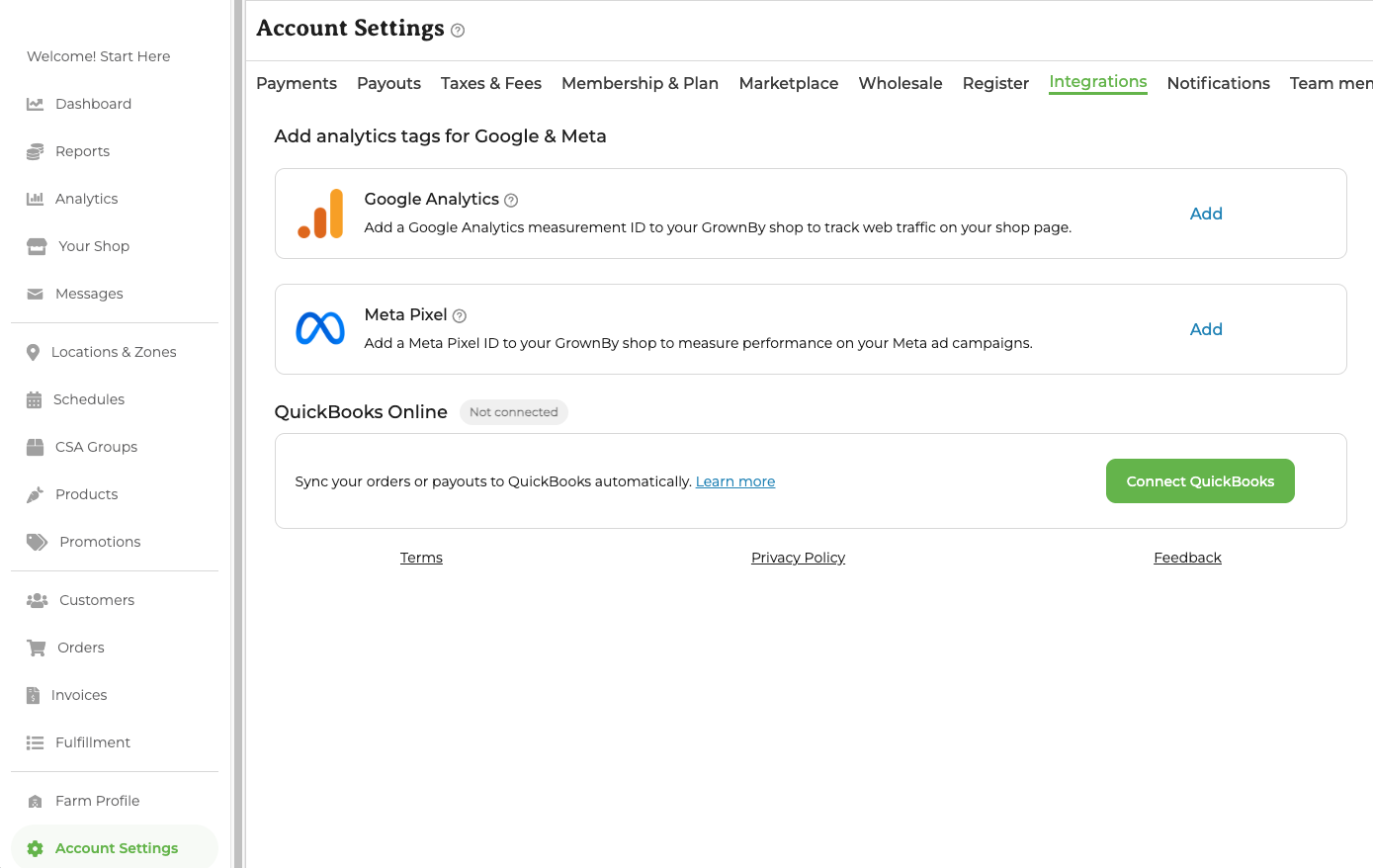 The Integrations tab under Account Settings, showing the analytics tag options and the QuickBooks Online section with the Connect QuickBooks button