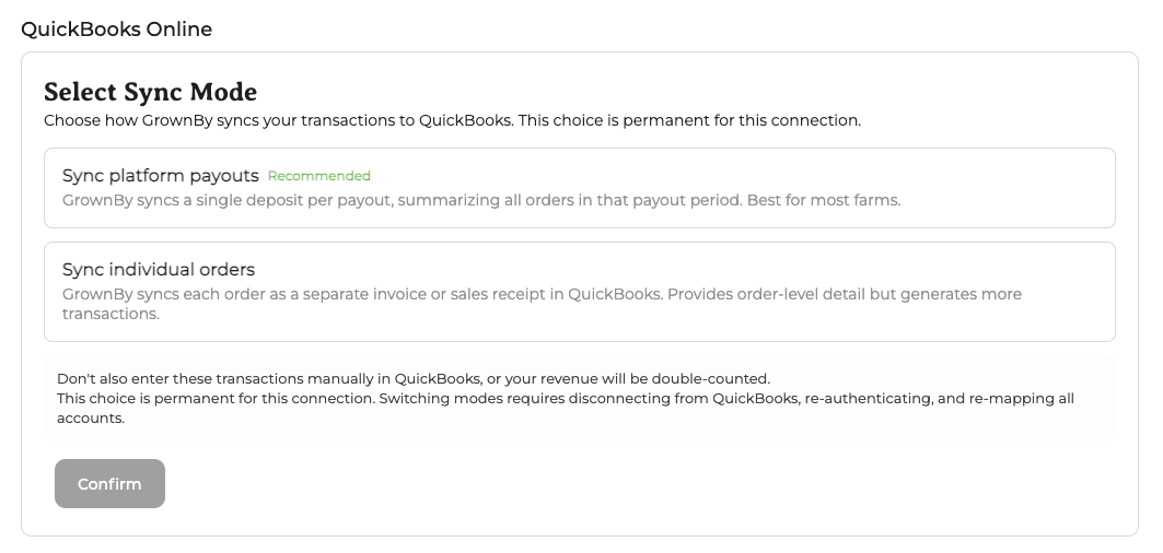 The Select Sync Mode screen with the Sync platform payouts and Sync individual orders options and a Confirm button