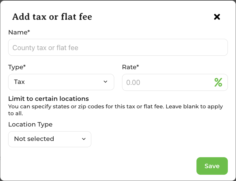 Add New Tax or Fee form with Name, Type, and Rate fields
