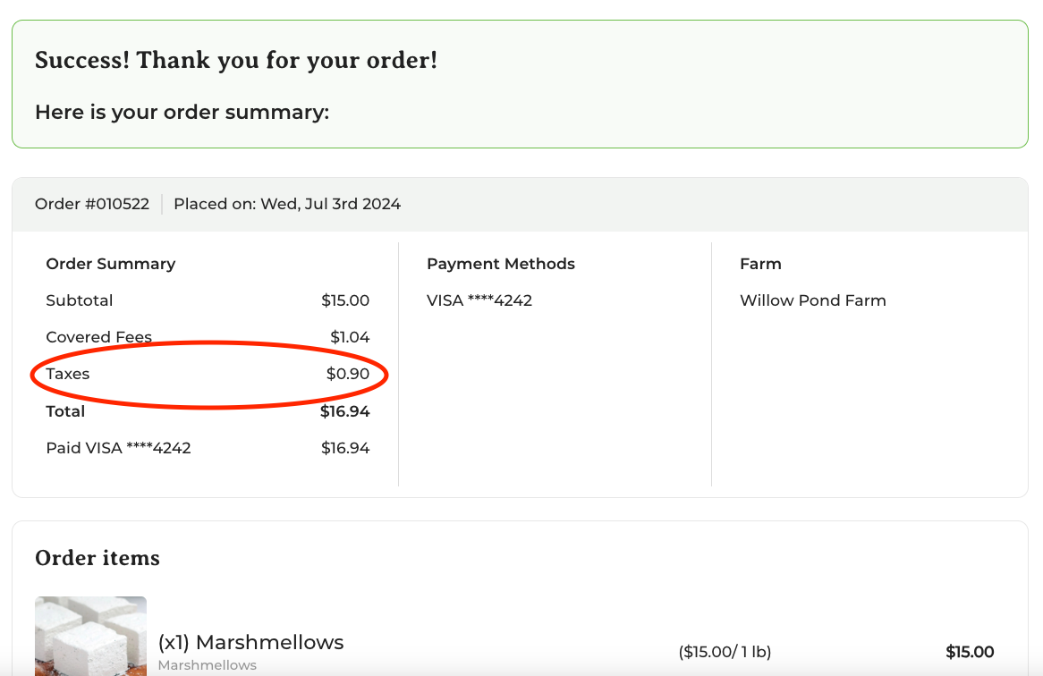 Order Summary showing taxes and fees