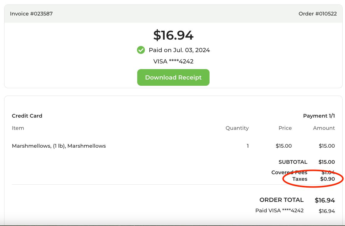 Invoice showing taxes and fees