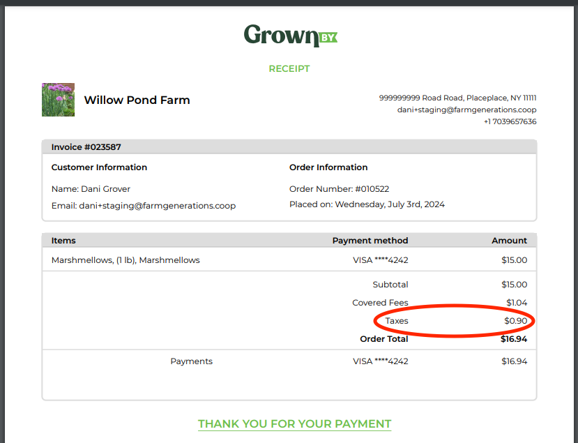 Downloaded receipt showing taxes and fees