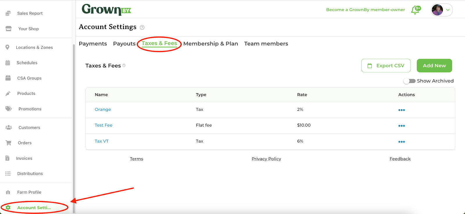 Taxes & Fees section in Account Settings