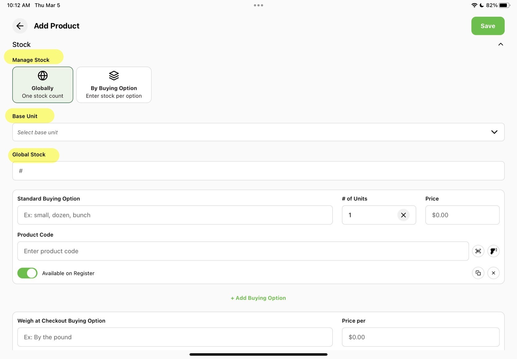 Product details with stock and EBT options