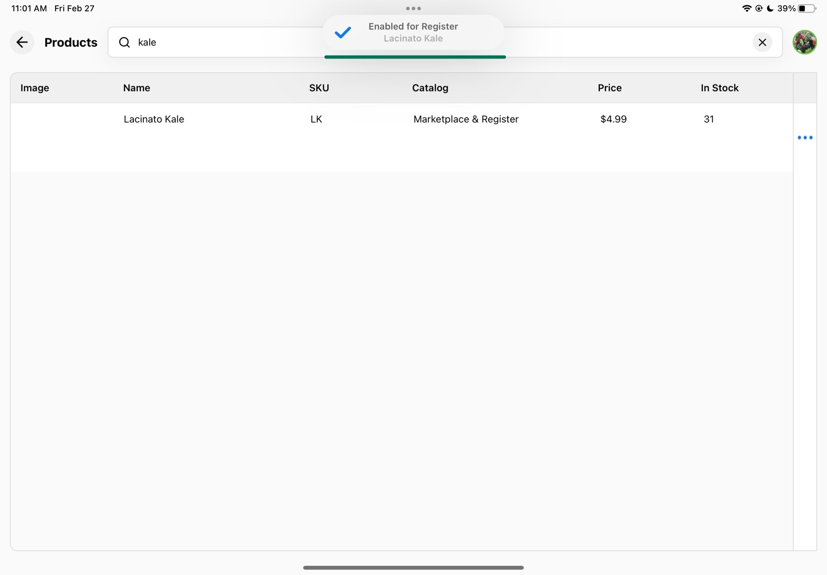Notification confirming the product was enabled for Register, with the catalog column updated