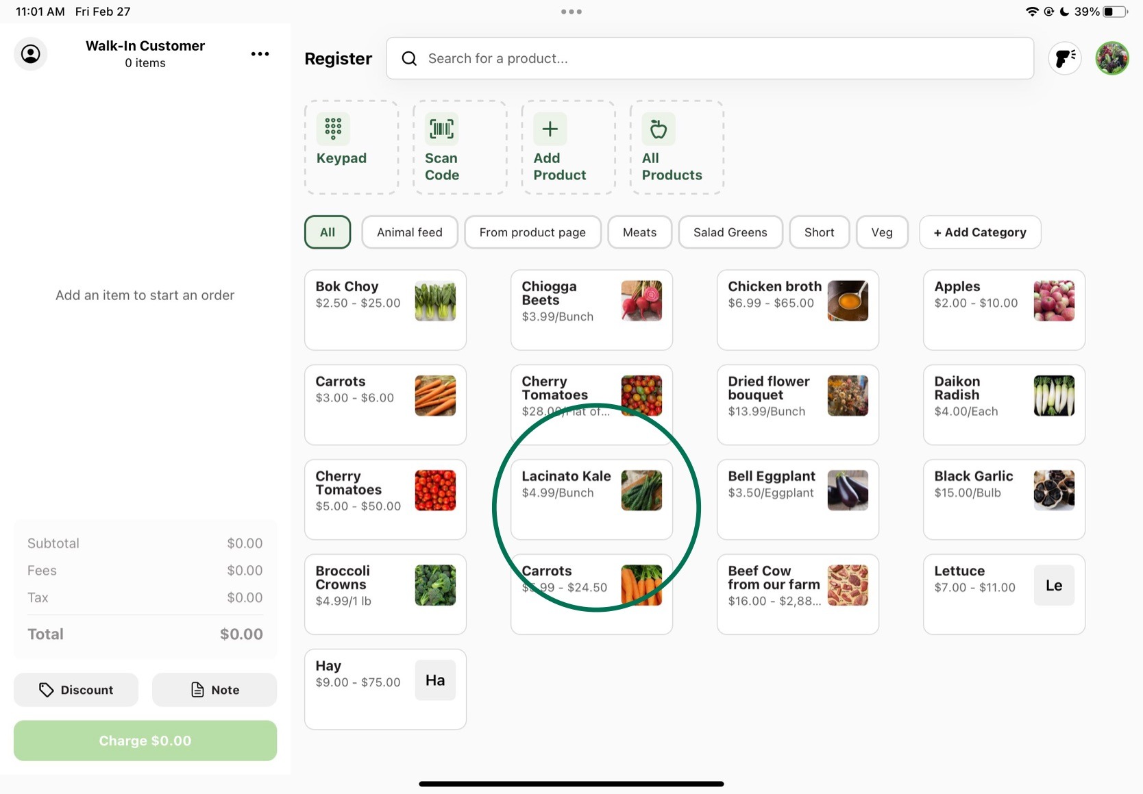 Register homepage showing the newly added product alongside the rest of the catalog