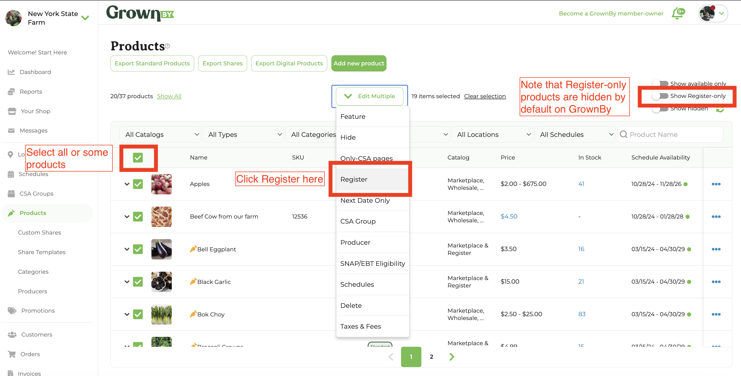 Bulk edit products in GrownBy farm Dashboard, showing the Edit Multiple menu with Register option