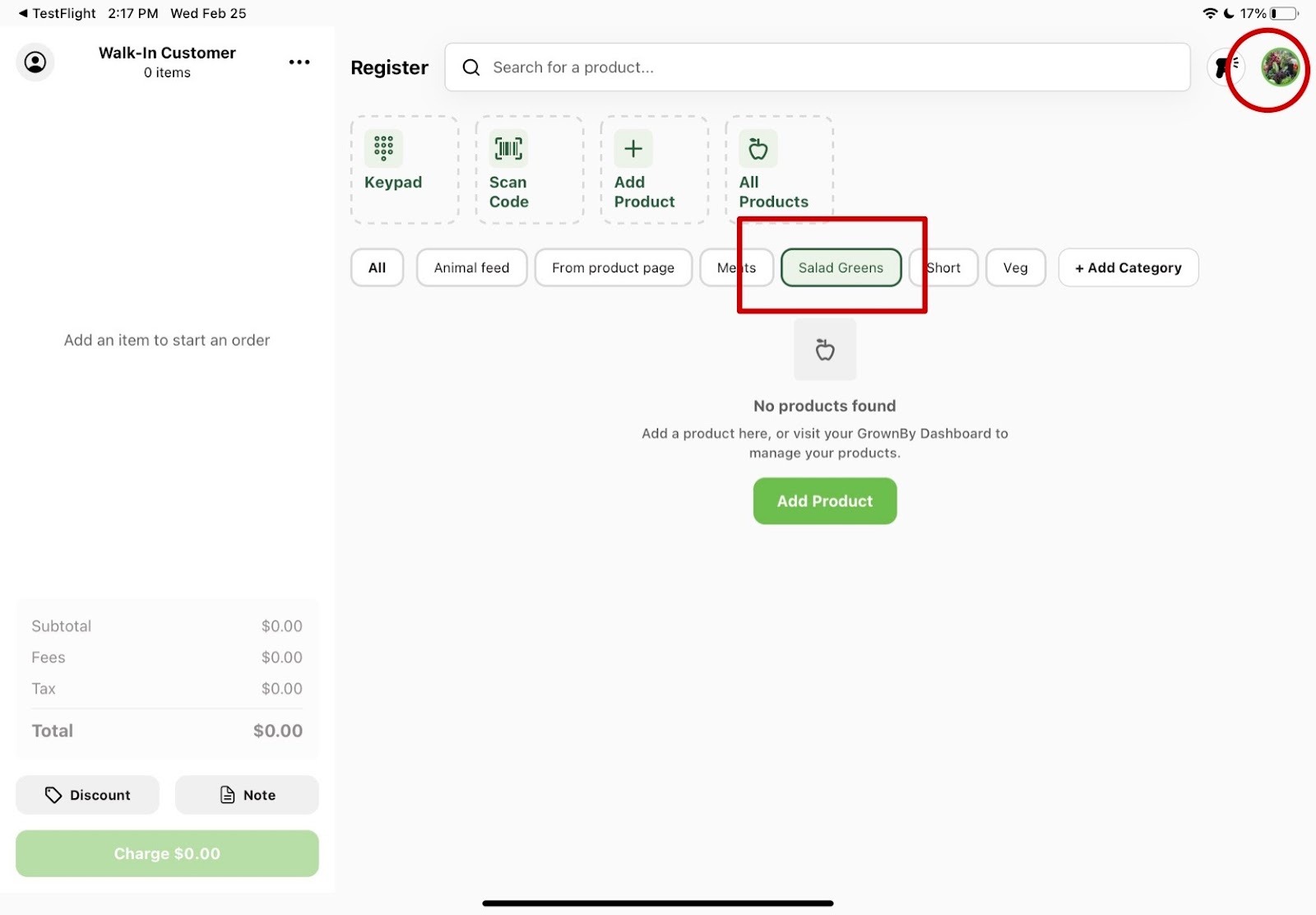 Empty category view showing No products found and the Add Product button