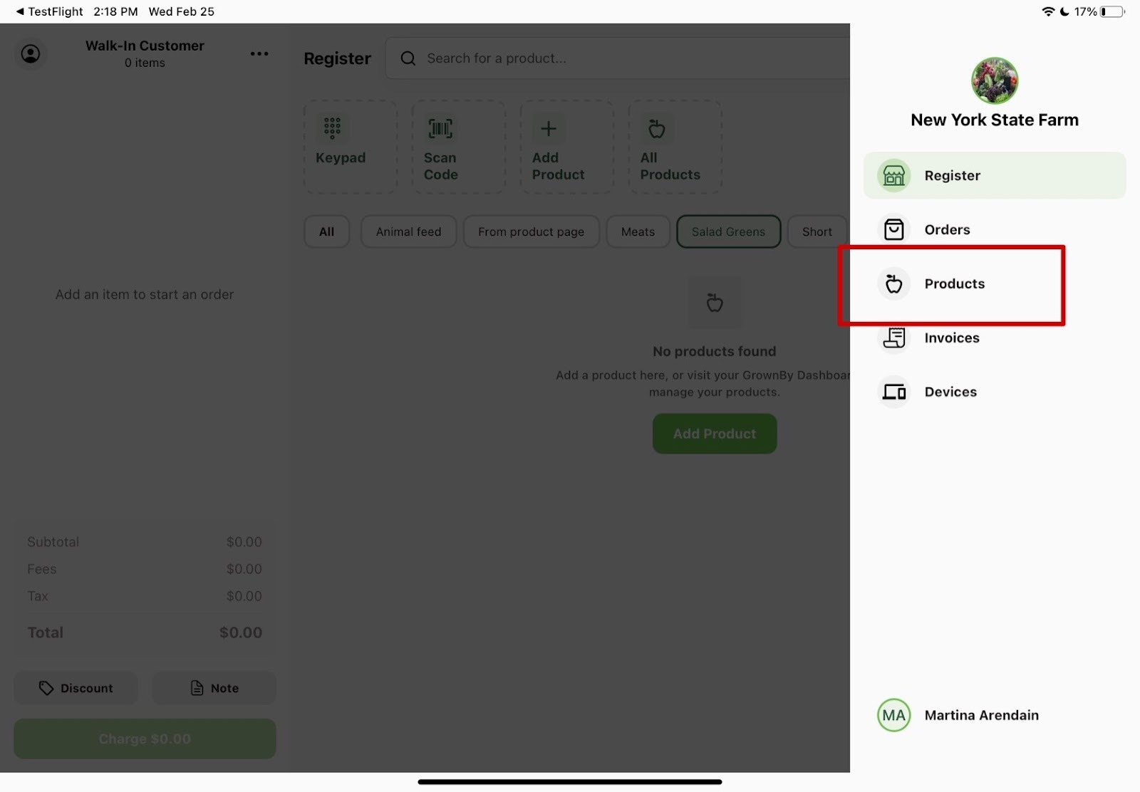 Profile menu with the Products option highlighted
