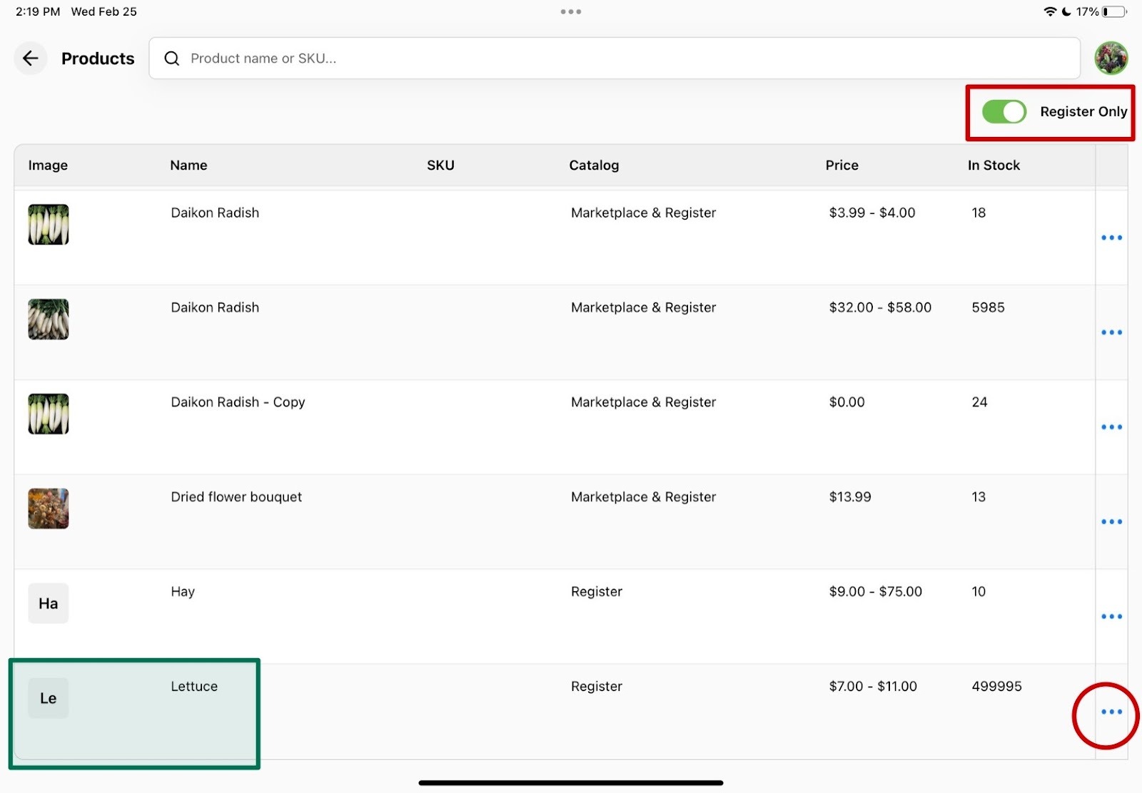 Products list with Register only switch enabled and the three-dot menu visible
