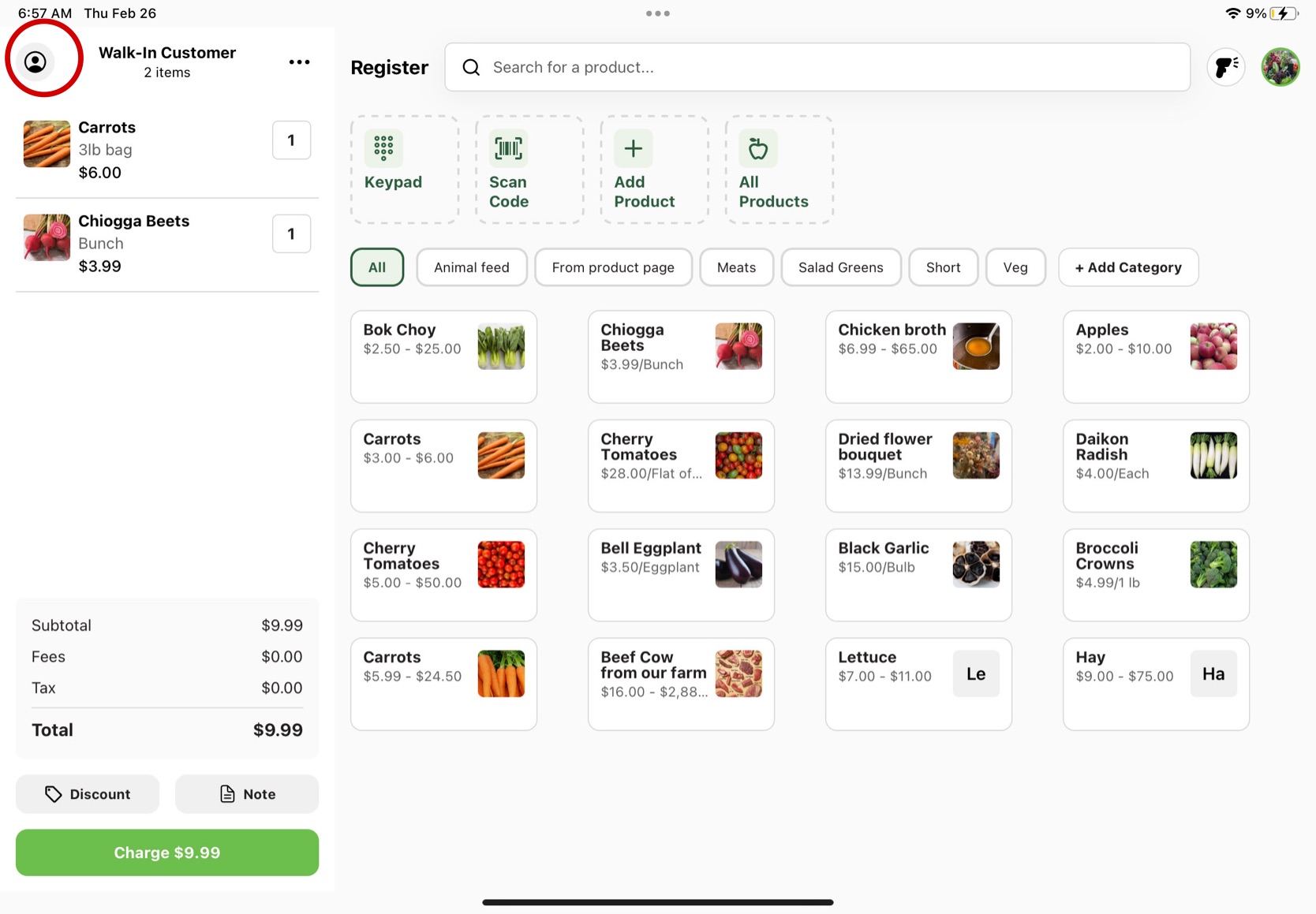 Person icon in the top left of the Register customer basket