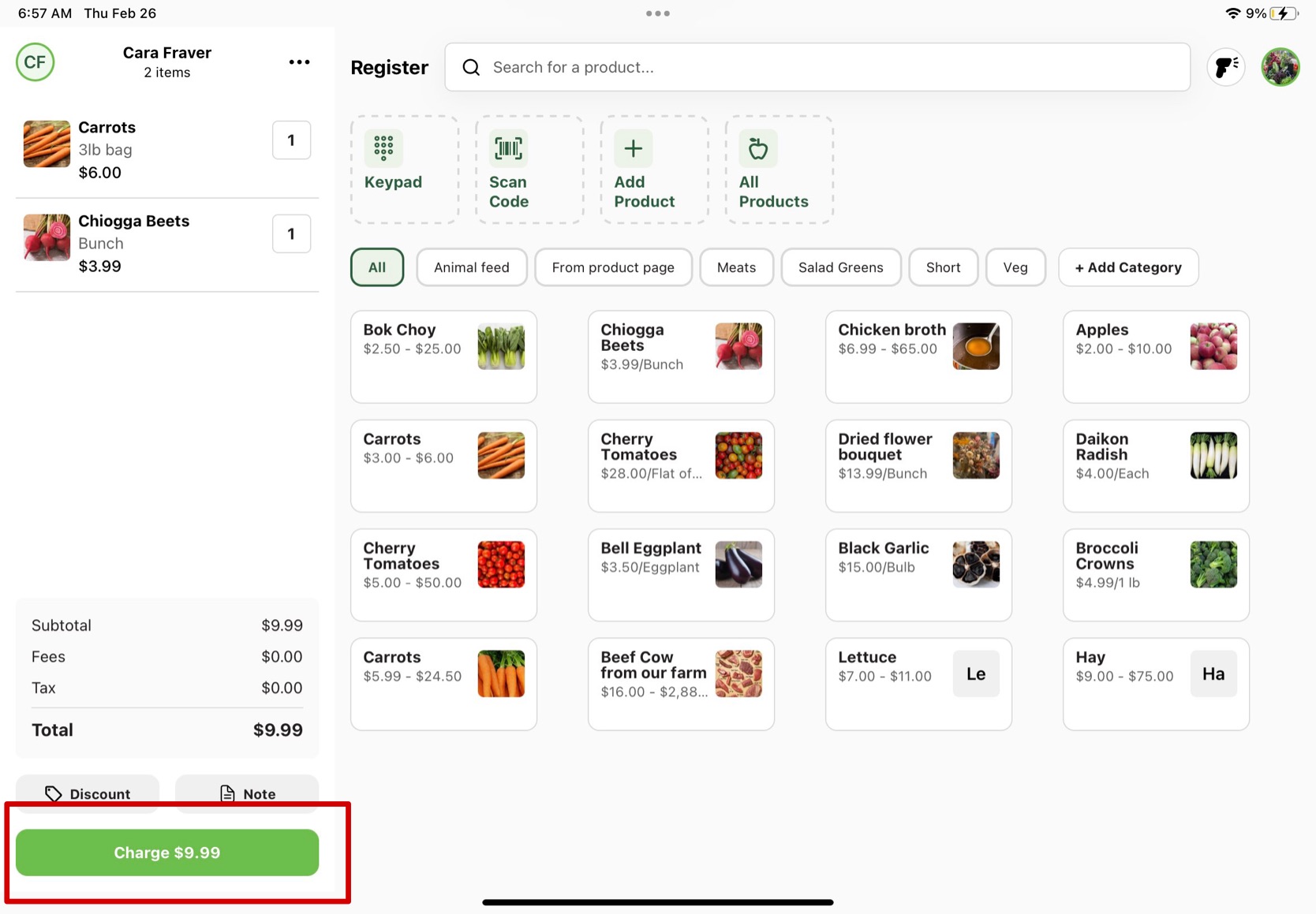 Register basket with the green Charge button highlighted