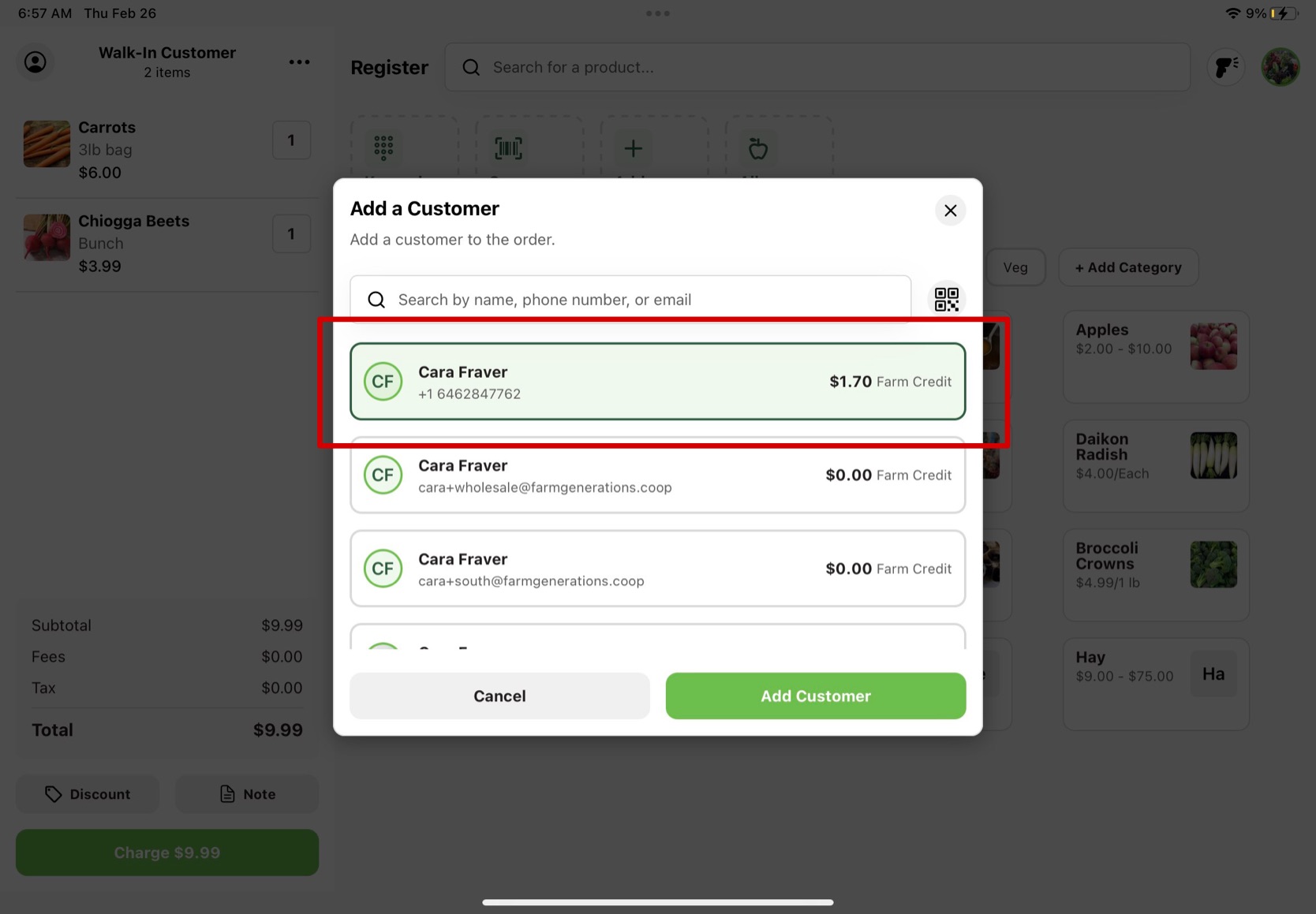 Customer search results with the green Add Customer button