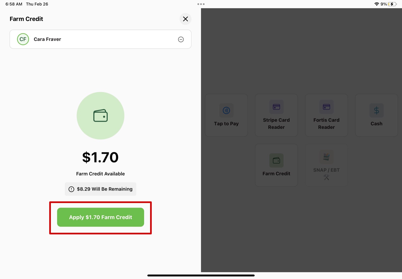 Available Farm Credit balance with the Apply Farm Credit button