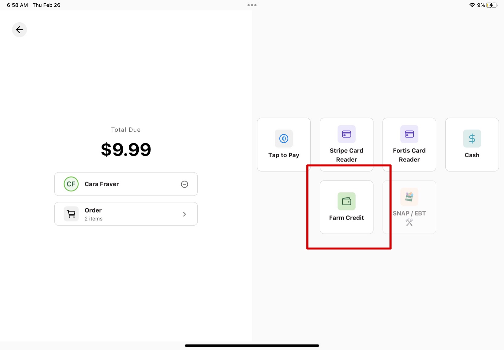 Payment window showing the Farm Credit payment option