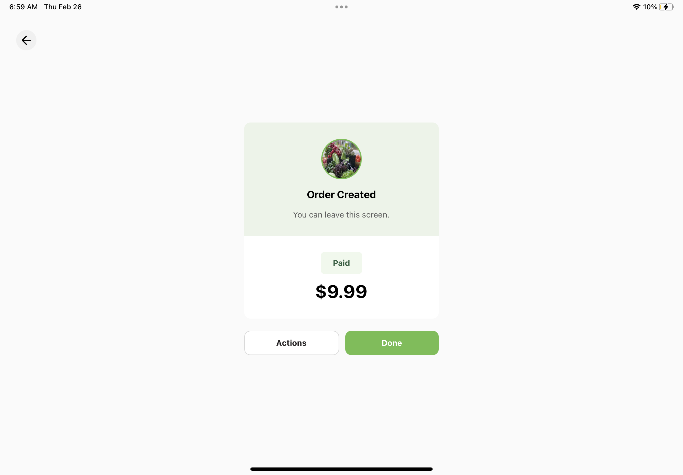 Success screen showing the order paid in full