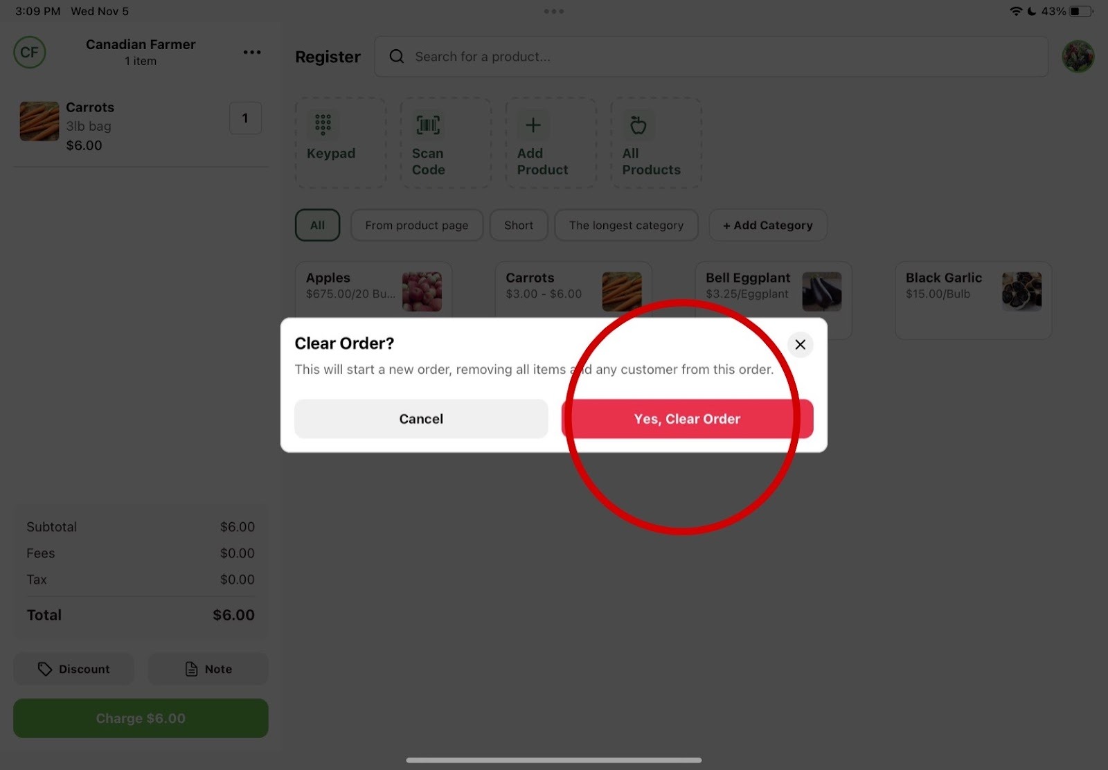 Confirmation prompt with the red Yes, Clear Order button