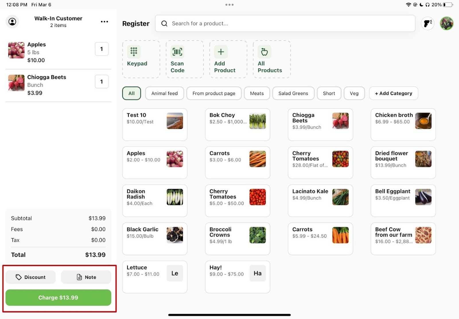Register cart showing discount and order note options before charging