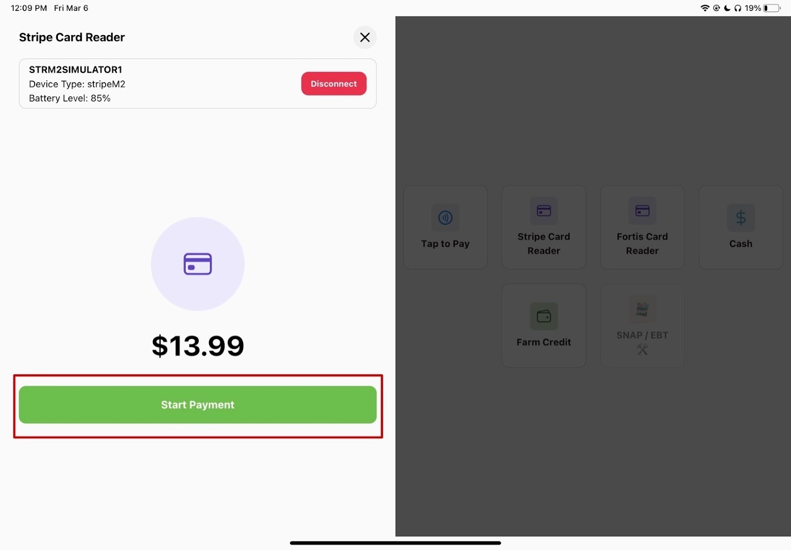 Start Payment screen prompting customer to tap or swipe their card