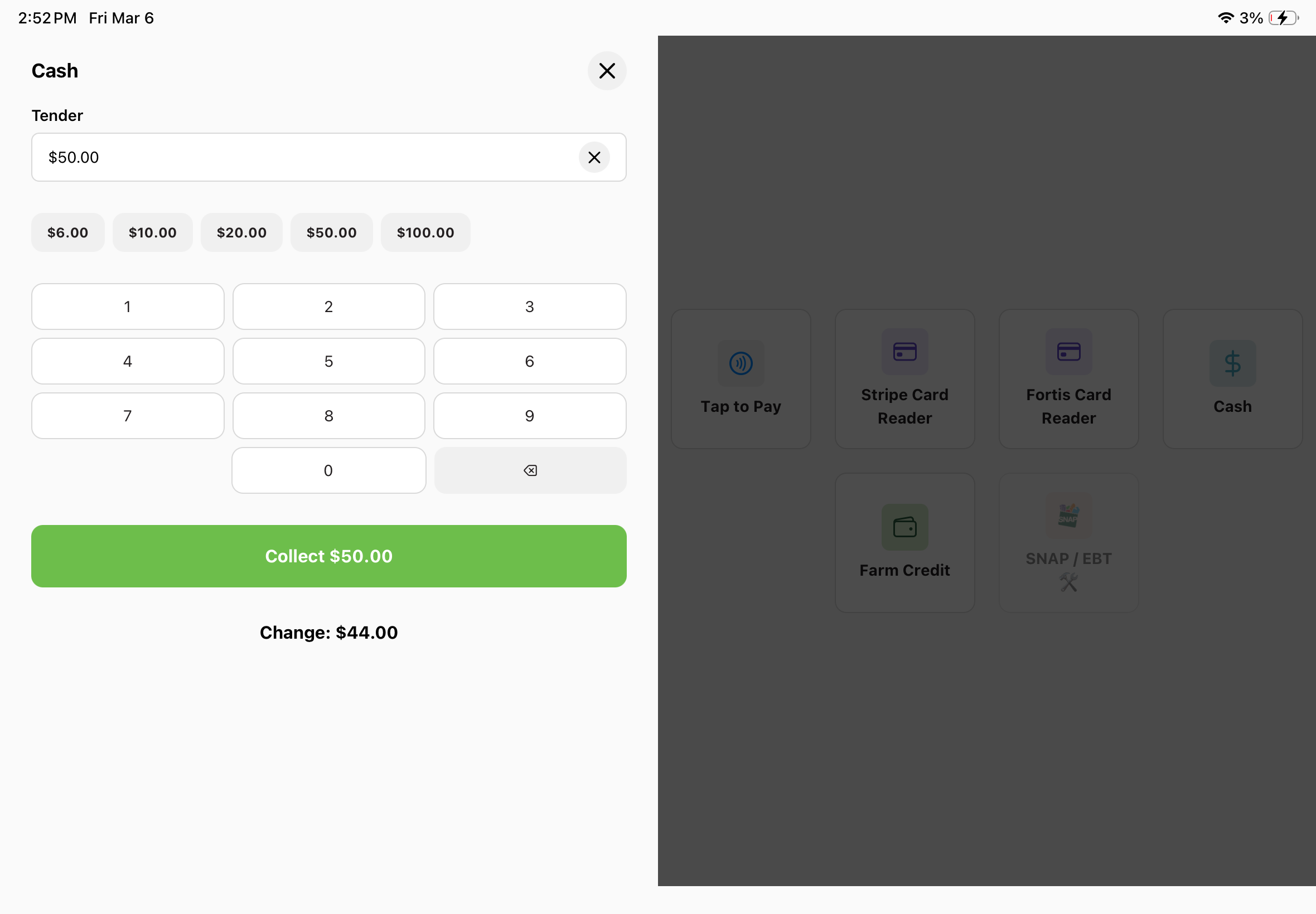 GrownBy Register Collect screen for a cash payment