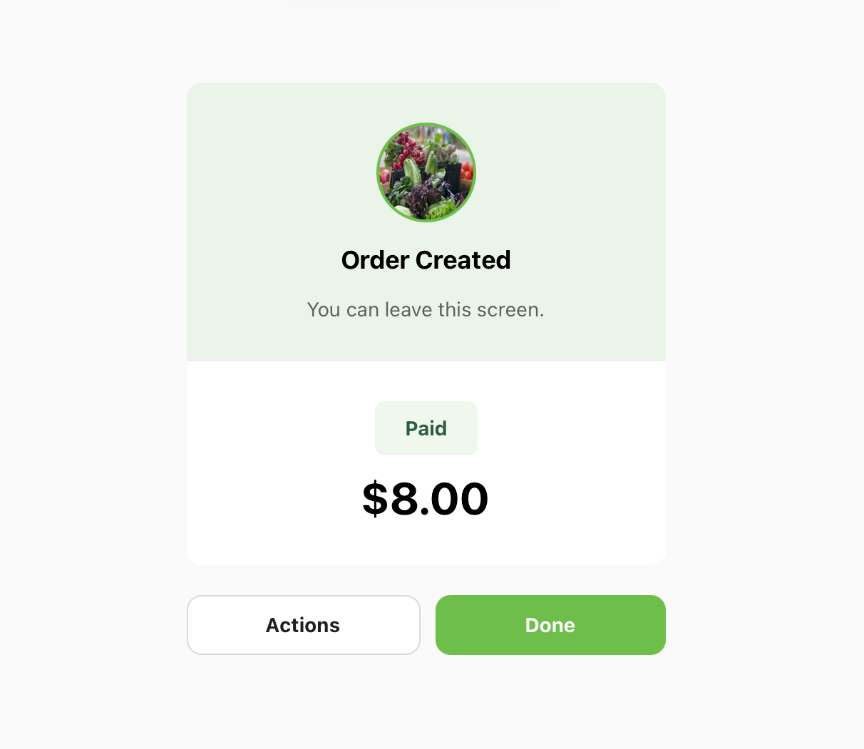 Success screen with the Actions button