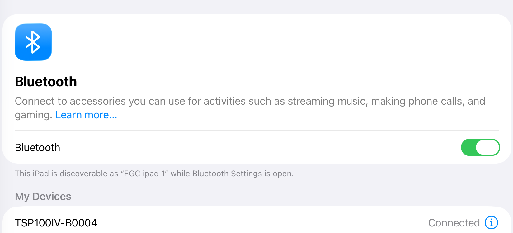 iPad Bluetooth settings showing the Printer option