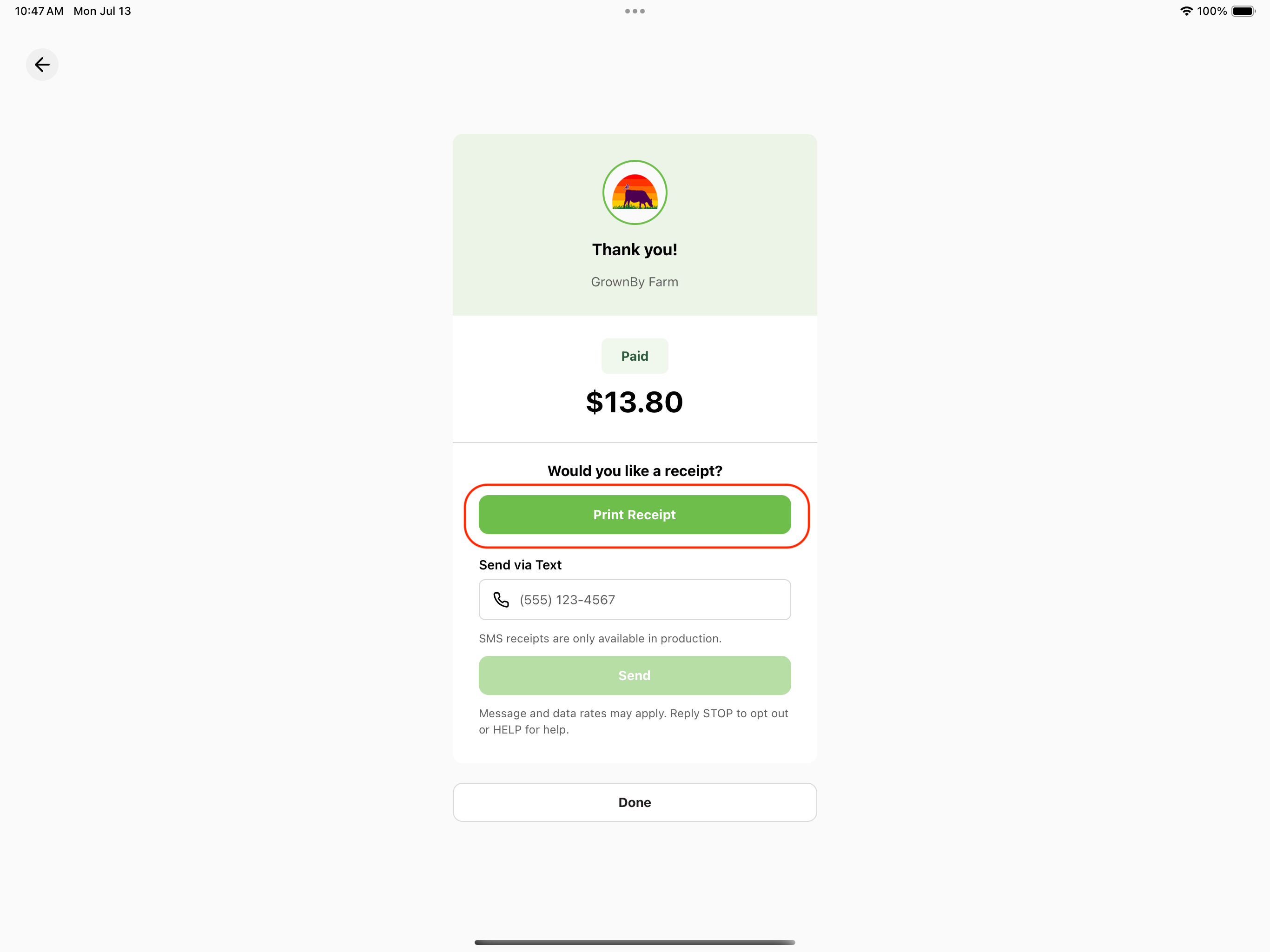 Print receipt screenshot