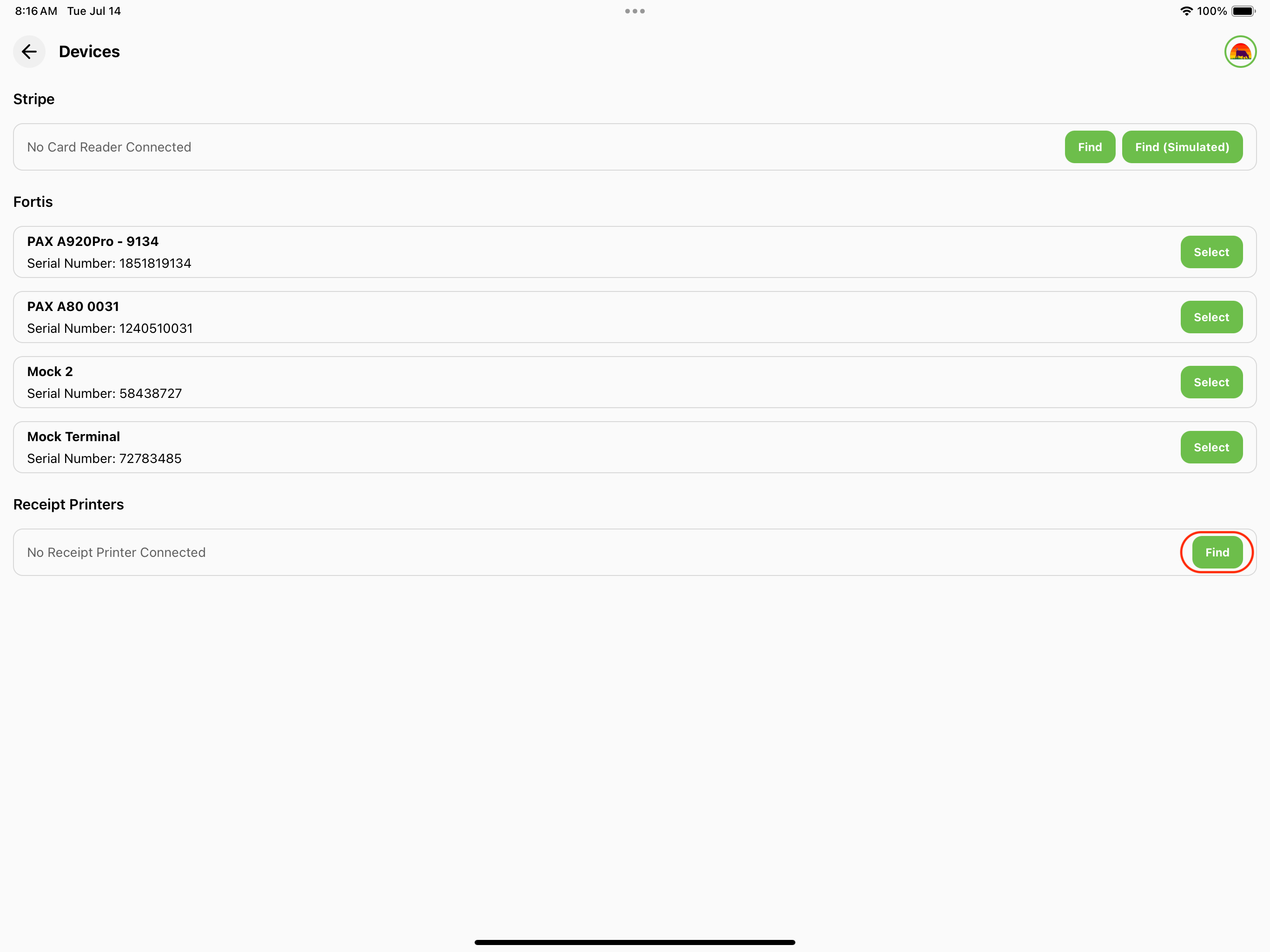 Find button on devices screen