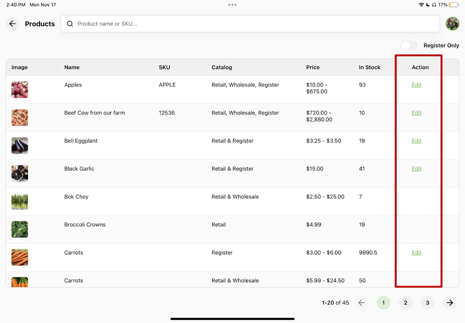 Products list showing the green Edit button in the Action column