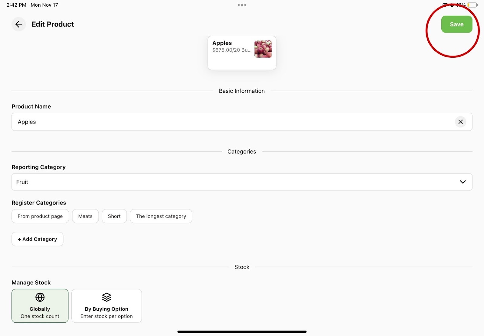 Product edit screen with the Save button in the top right