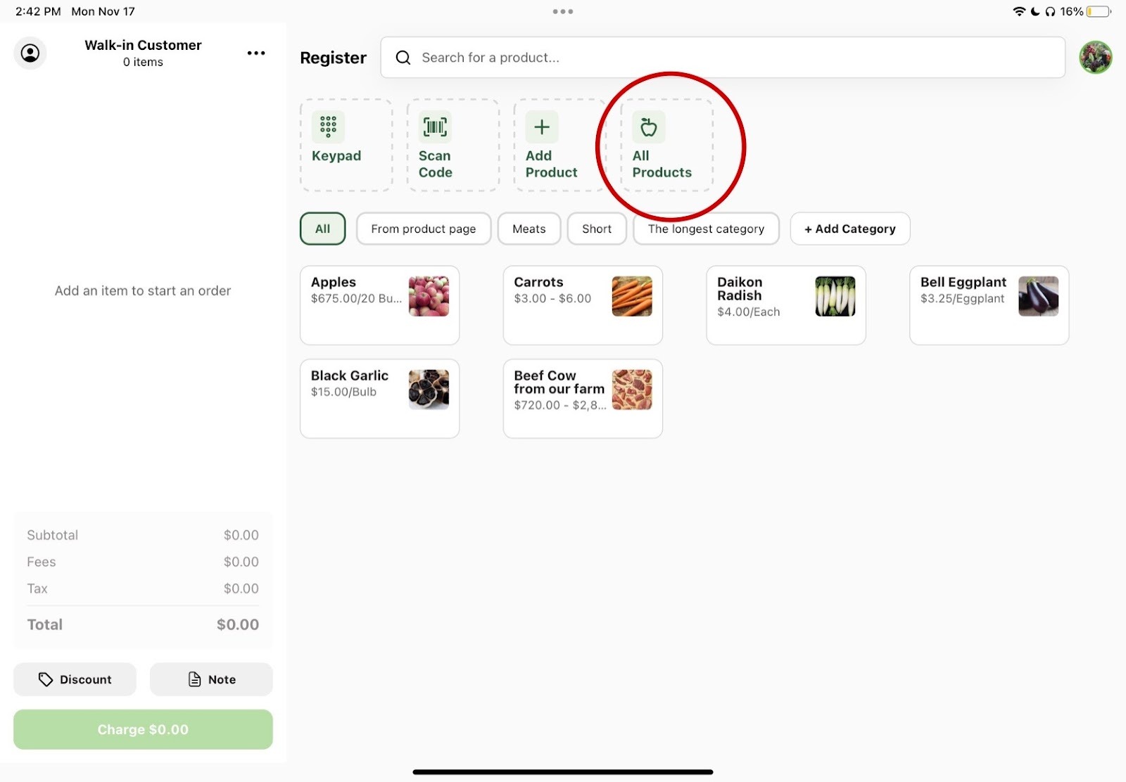 All Products button on the Register home screen
