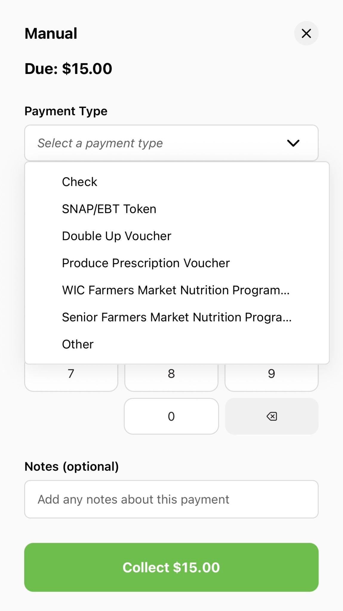 Manual payment panel on Register showing the Payment Type dropdown with options like Check, SNAP/EBT Token, and vouchers, plus an optional notes field