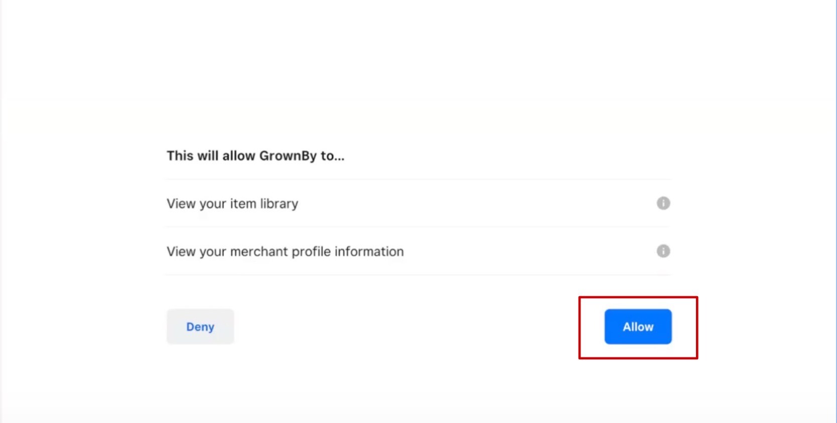 Square permissions screen requesting access to view profile information and item library for GrownBy
