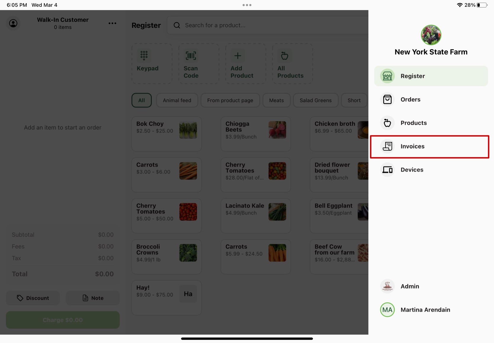 Account drop down menu with Invoices option highlighted