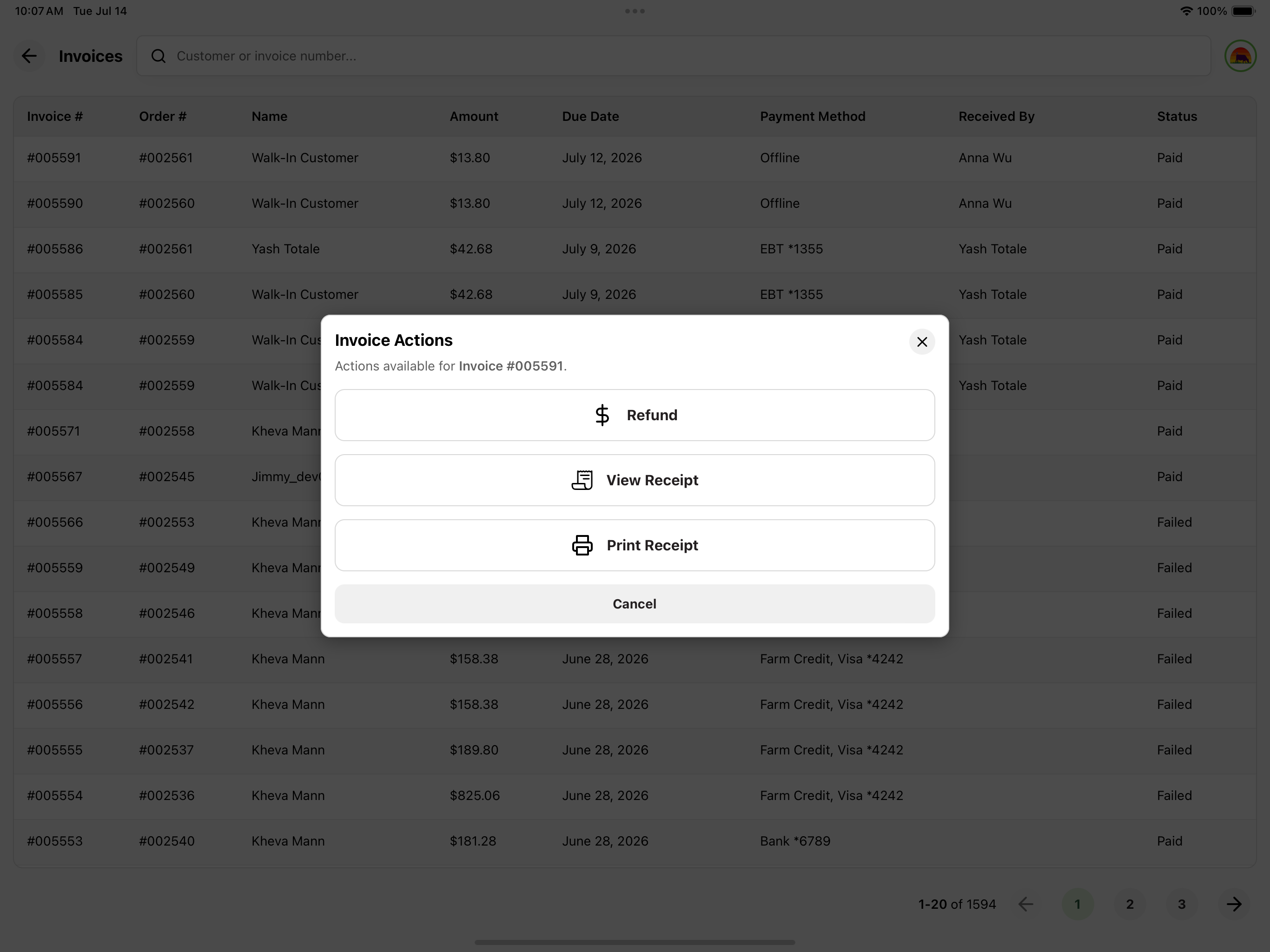 Invoice actions popup