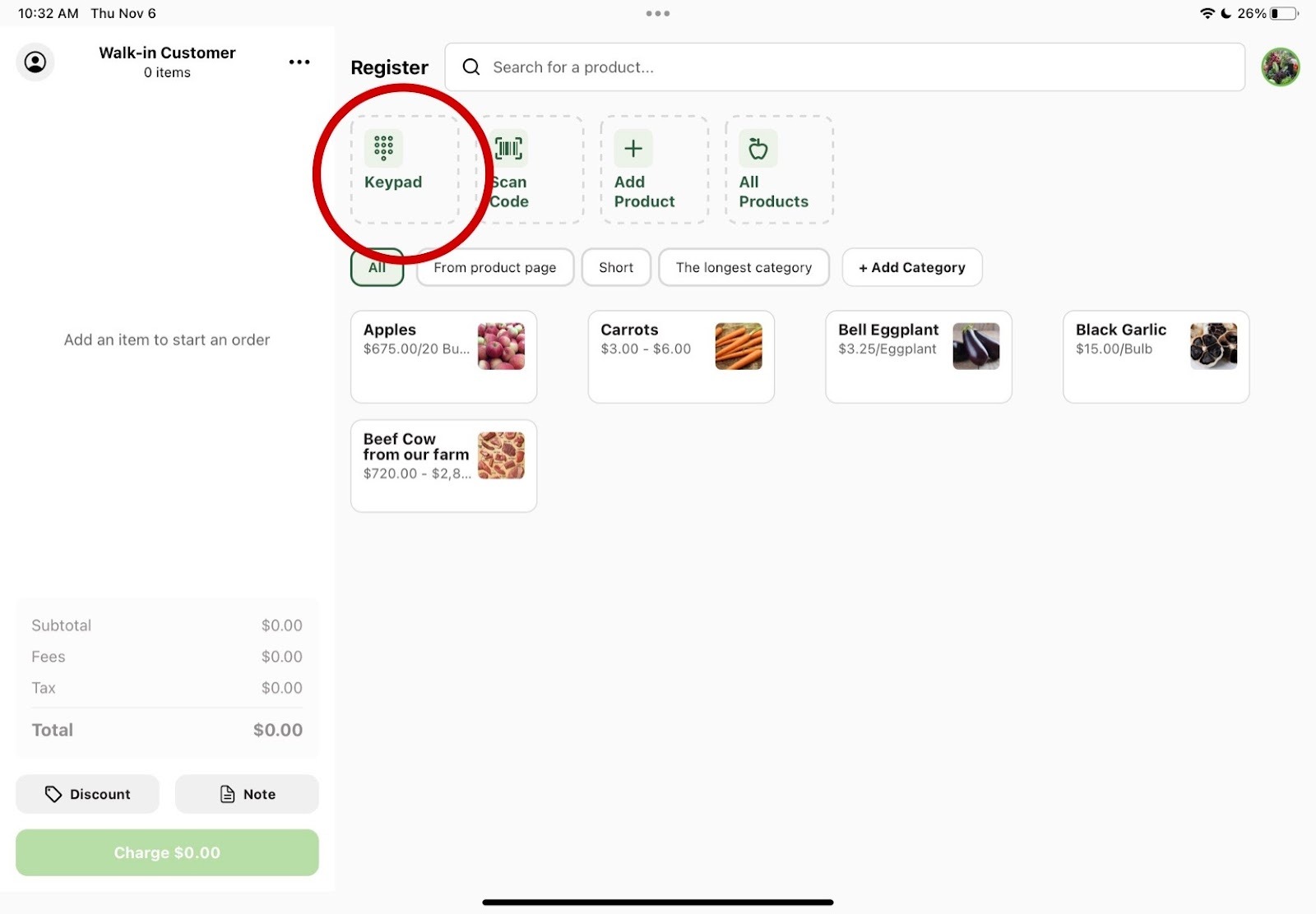 Register homepage with the Keypad button highlighted under the search bar
