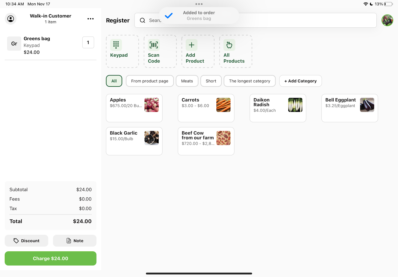 Customer cart showing the keyed-in item added to the order