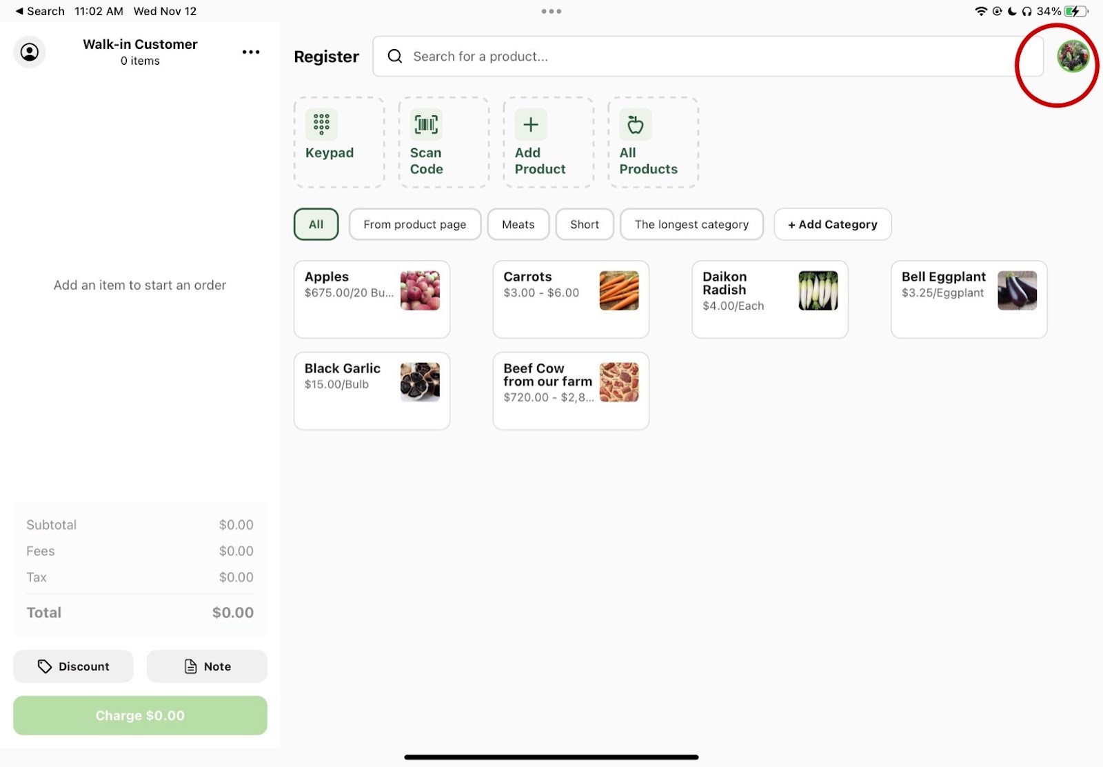 Profile logo in the top right corner of the Register home screen