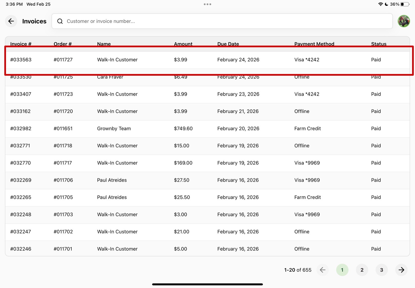 Invoices list showing recent customer orders